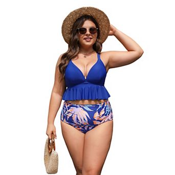 Plus Size Cupshe Ruffle Tankini Swim Top & Tropical High Waist Swim Bottoms Set