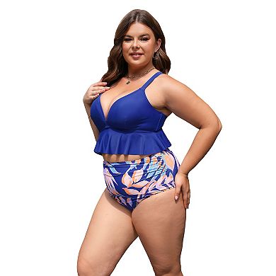 Plus Size Cupshe Ruffle Tankini Swim Top & Tropical High Waist Swim Bottoms Set