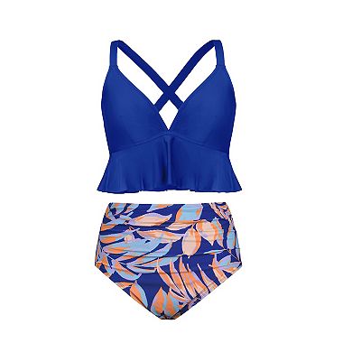 Plus Size Cupshe Ruffle Tankini Swim Top & Tropical High Waist Swim Bottoms Set