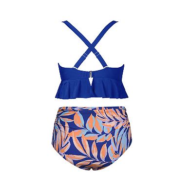 Plus Size Cupshe Ruffle Tankini Swim Top & Tropical High Waist Swim Bottoms Set