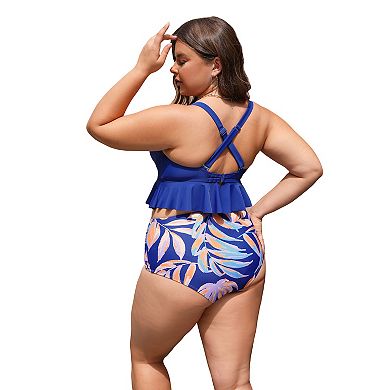 Plus Size Cupshe Ruffle Tankini Swim Top & Tropical High Waist Swim Bottoms Set