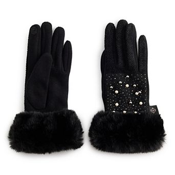 Women's Nanette Lepore Faux Fur Trimmed Simulated Pearl Jacquard Gloves