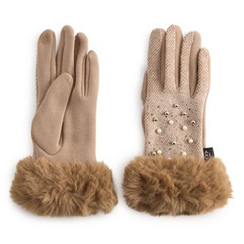 Women's Nanette Lepore Faux Fur Trimmed Simulated Pearl Jacquard Gloves