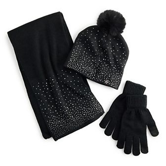 Women's Nanette Lepore 3 pc Rhinestone Scarf, Hat & Gloves Set