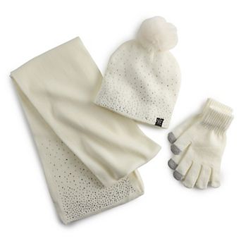 Women's Nanette Lepore 3 pc Rhinestone Scarf, Hat & Gloves Set