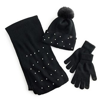 Women's Nanette Lepore 3 pc Simulated Pearl Scarf, Hat & Gloves Set
