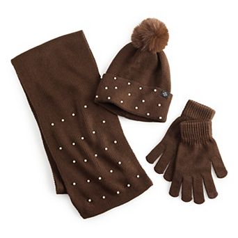 Women's Nanette Lepore 3 pc Simulated Pearl Scarf, Hat & Gloves Set
