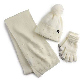 Women's Nanette Lepore 3 pc Simulated Pearl Scarf, Hat & Gloves Set