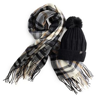 Women's Nanette Lepore Solid Hat & Plaid Scarf Set