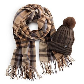 Women's Nanette Lepore Solid Hat & Plaid Scarf Set