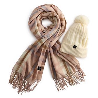 Women's Nanette Lepore Solid Hat & Plaid Scarf Set