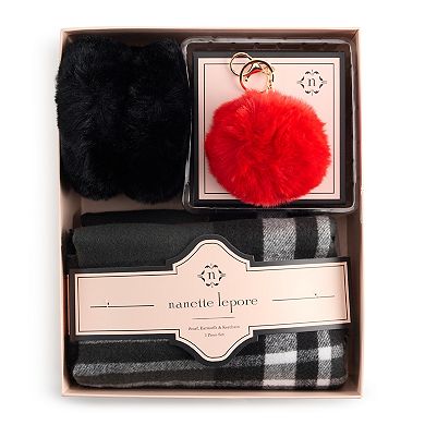 Women's Nanette Lepore 3-pc. Plaid Scarf, Earmuff & Pom Pom Keychain Set