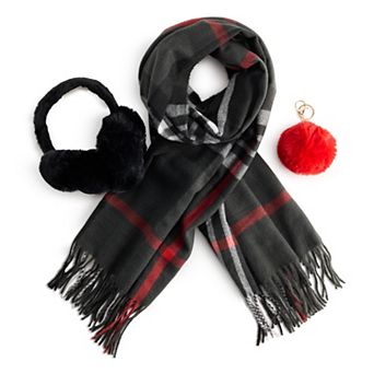 Women's Nanette Lepore 3 pc Plaid Scarf, Earmuff & Pom Pom Keychain Set