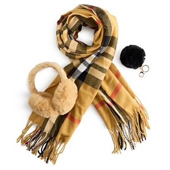 Women's Nanette Lepore 3 pc Plaid Scarf, Earmuff & Pom Pom Keychain Set