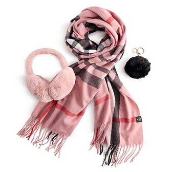 Women's Nanette Lepore 3 pc Plaid Scarf, Earmuff & Pom Pom Keychain Set