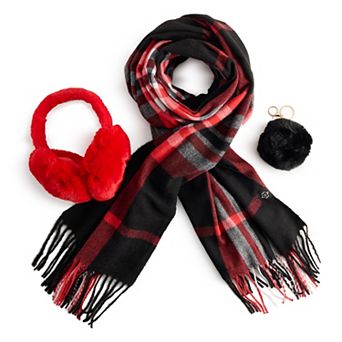 Women's Nanette Lepore 3 pc Plaid Scarf, Earmuff & Pom Pom Keychain Set