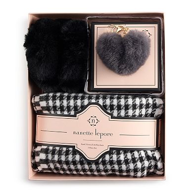 Women's Nanette Lepore 3-pc. Checkered Scarf, Earmuff & Heart Pom Pom Keychain Set