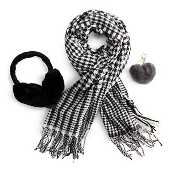 Women's Nanette Lepore 3 pc Checkered Scarf, Earmuff & Heart Pom Pom Keychain Set