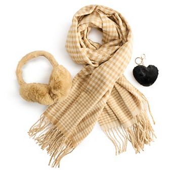 Women's Nanette Lepore 3 pc Checkered Scarf, Earmuff & Heart Pom Pom Keychain Set
