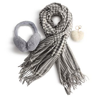 Women's Nanette Lepore 3 pc Checkered Scarf, Earmuff & Heart Pom Pom Keychain Set
