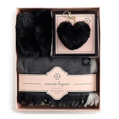 Women's Nanette Lepore 3-pc. Scarf, Earmuff & Pom Pom Heart Keychain Set