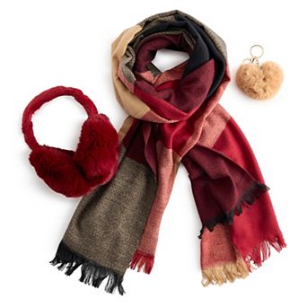 Women's Nanette Lepore 3 pc Scarf, Earmuff & Pom Pom Heart Keychain Set