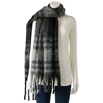 Nanette Lepore Fuzzy Plaid Scarf with Faux Pearl & Bead Accents