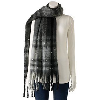 Nanette Lepore Fuzzy Plaid Scarf with Faux Pearl & Bead Accents