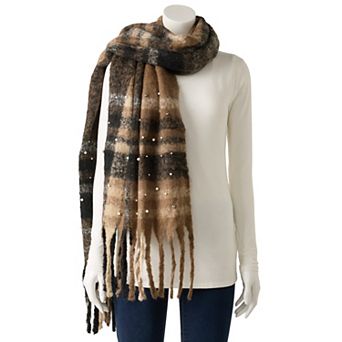 Nanette Lepore Fuzzy Plaid Scarf with Faux Pearl & Bead Accents