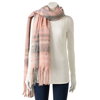Nanette Lepore Fuzzy Plaid Scarf with Faux Pearl & Bead Accents