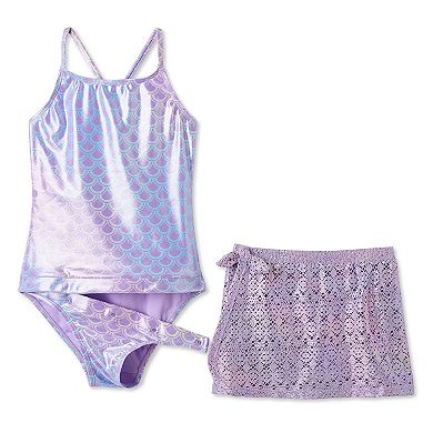 Girls 4-12 Breaking Waves Adaptive 2-Piece Mermaid Foil Swimsuit & Crochet Tie Side Skirt Set