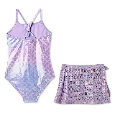 Girls 4-12 Breaking Waves Adaptive 2-Piece Mermaid Foil Swimsuit & Crochet Tie Side Skirt Set