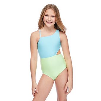 Girls 4-16 Breaking Waves One Shoulder Side Cut Out Colorblock One-Piece Swimsuit