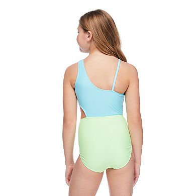 Girls 4-16 Breaking Waves One Shoulder Side Cut Out Colorblock One-Piece Swimsuit
