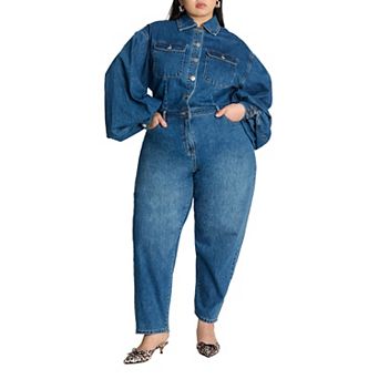 ELOQUII Women's Plus Size Barrel Leg Denim Jumpsuit