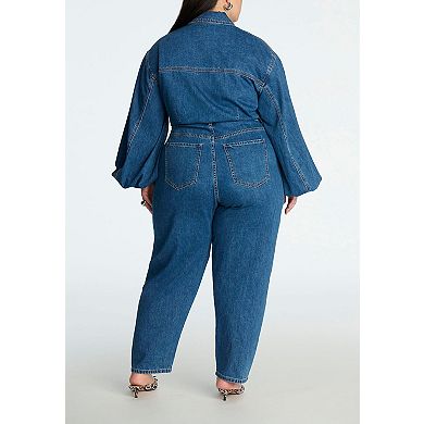 ELOQUII Women's Plus Size Barrel Leg Denim Jumpsuit