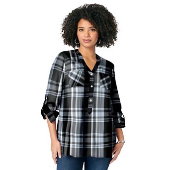 Roaman's Women's Plus Size Plaid Henley Tunic