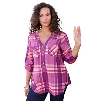 Roaman's Women's Plus Size Plaid Henley Tunic