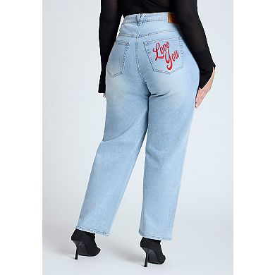 ELOQUII Women's Plus Size Embroidered Naomi Straight Leg Jean