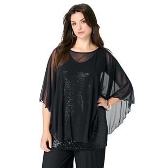 Roaman's Women's Plus Size Georgette Mesh Overlay Top