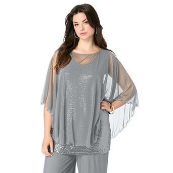 Roaman's Women's Plus Size Georgette Mesh Overlay Top