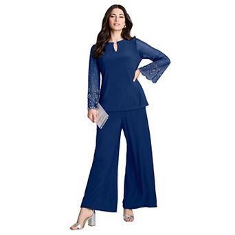 Roaman's Women's Plus Size Mesh Overlay Embellished Top