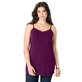 Roaman's Women's Plus Size Lace Trim Knit Cami With Adjustable Straps