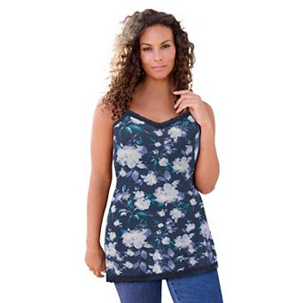 Roaman's Women's Plus Size Lace Trim Knit Cami With Adjustable Straps