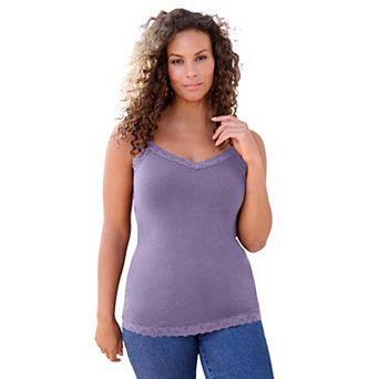Roaman's Women's Plus Size Lace Trim Knit Cami With Adjustable Straps
