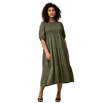 ellos Plus Size Short Sleeve Smocked Bodice Midi Dress