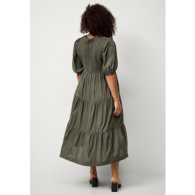 ellos Plus Size Short Sleeve Smocked Bodice Midi Dress