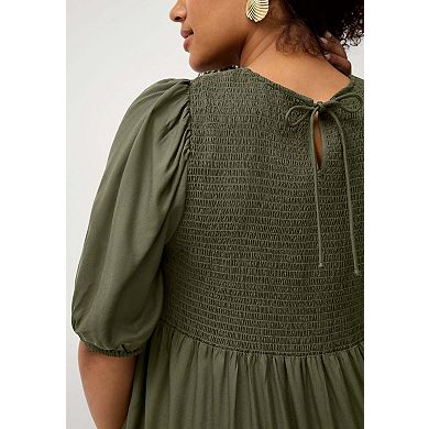 ellos Plus Size Short Sleeve Smocked Bodice Midi Dress