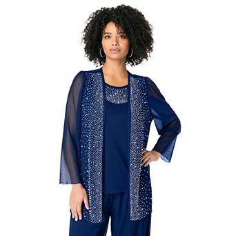 Roaman's Women's Plus Size Mesh Overlay Cardigan And Tank Set.