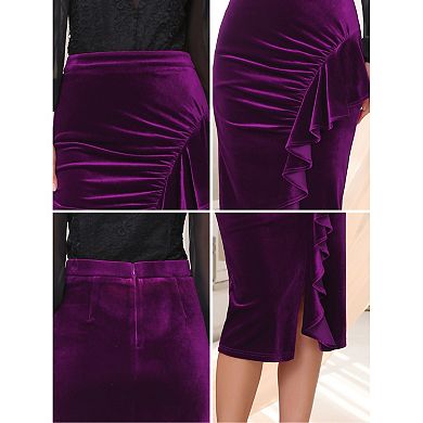 Women's Velvet Skirt Ruched High Waist Bodycon Formal Evening Cocktail Midi Pencil Skirts